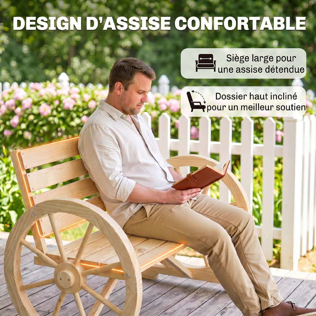 Banc de Jardin banc 3 places en bois Style Rustique Chic accoudoirs Roues Charette Bois Sapin effet bois naturel-6