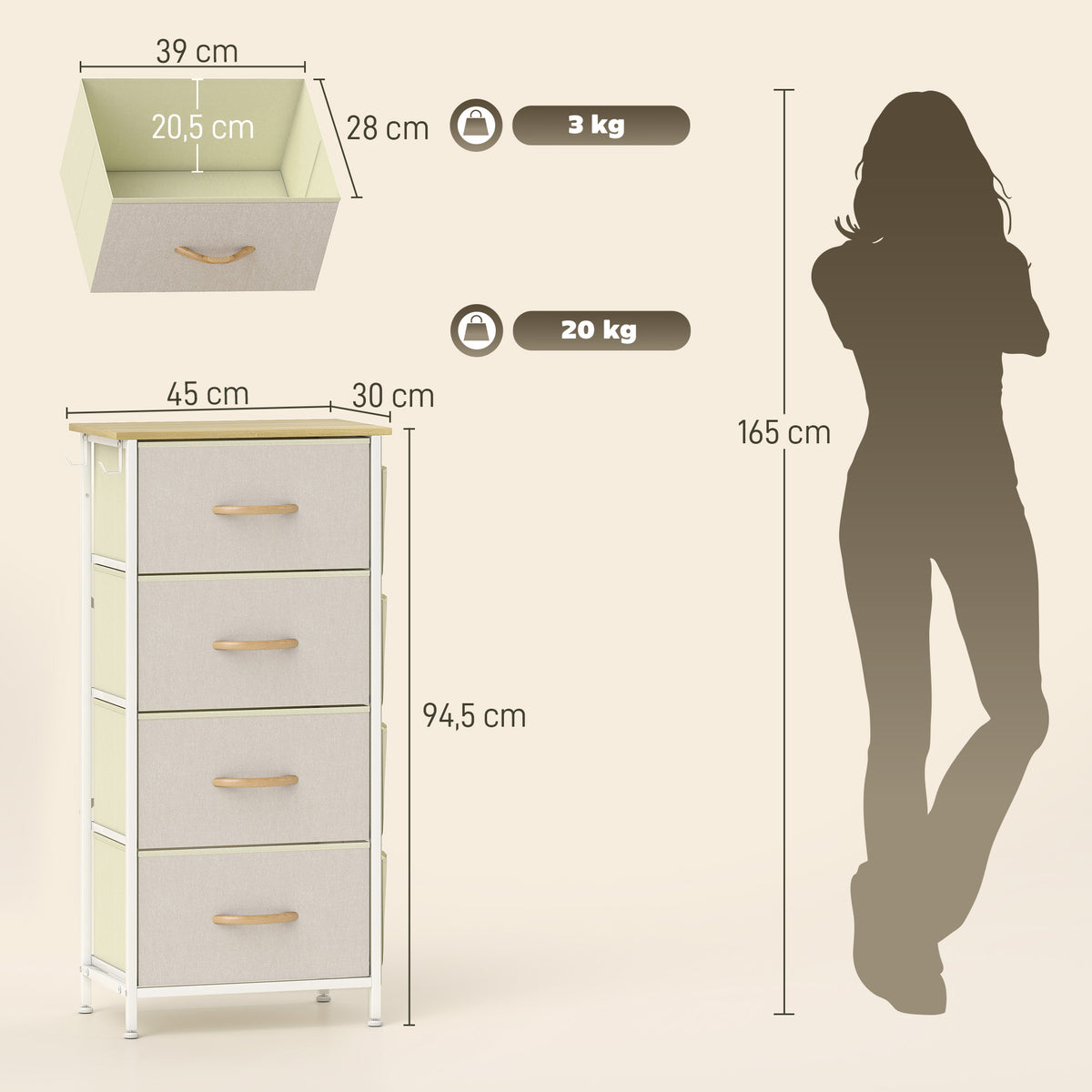 Commode 4 tiroirs en tissu, meuble de rangement avec 4 poches, 2 crochets, structure en acier, 45 x 30 x 94,5 cm, beige-2