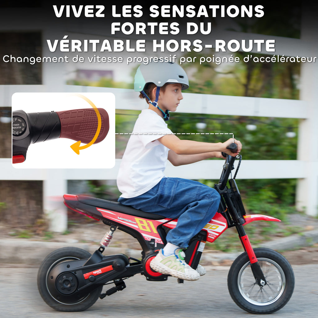 Moto électrique enfants 24V, moteur 250W, vitesse 6,4-16 km/h, pour enfants 8-12 ans, suspension arrière, rouge-4