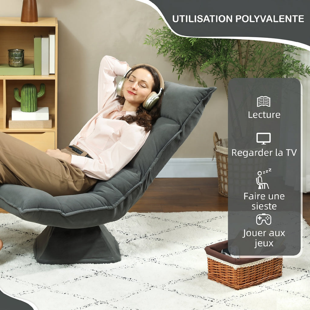Chaise de sol pivotante à 360°, fauteuil pliable en velours avec dossier réglable 5 positions, 70x62x95cm, gris foncé-6