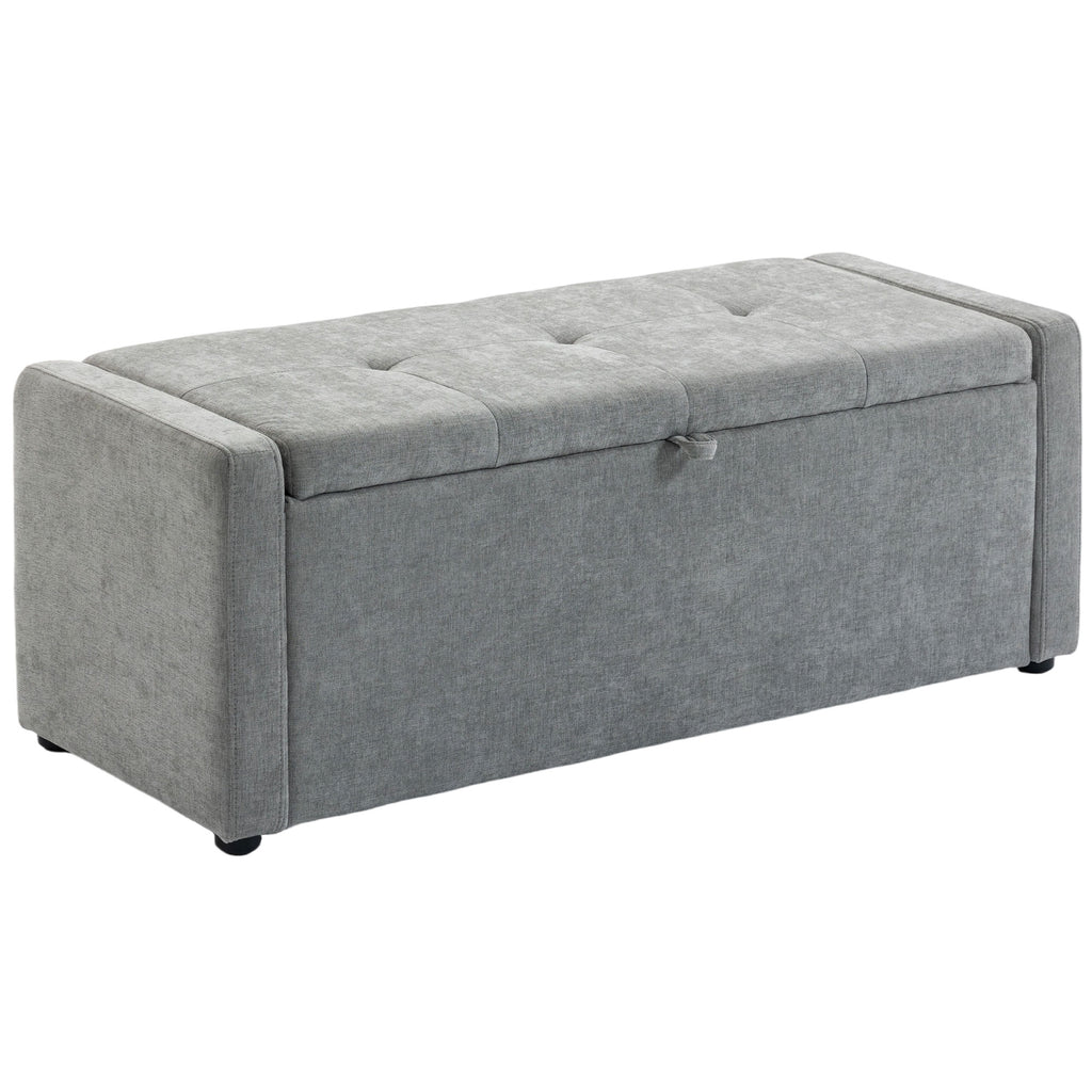 Banc de rangement, bout de lit, repose-pieds rembourré en lin avec assise large, 122 x 48 x 44 cm, gris clair-0