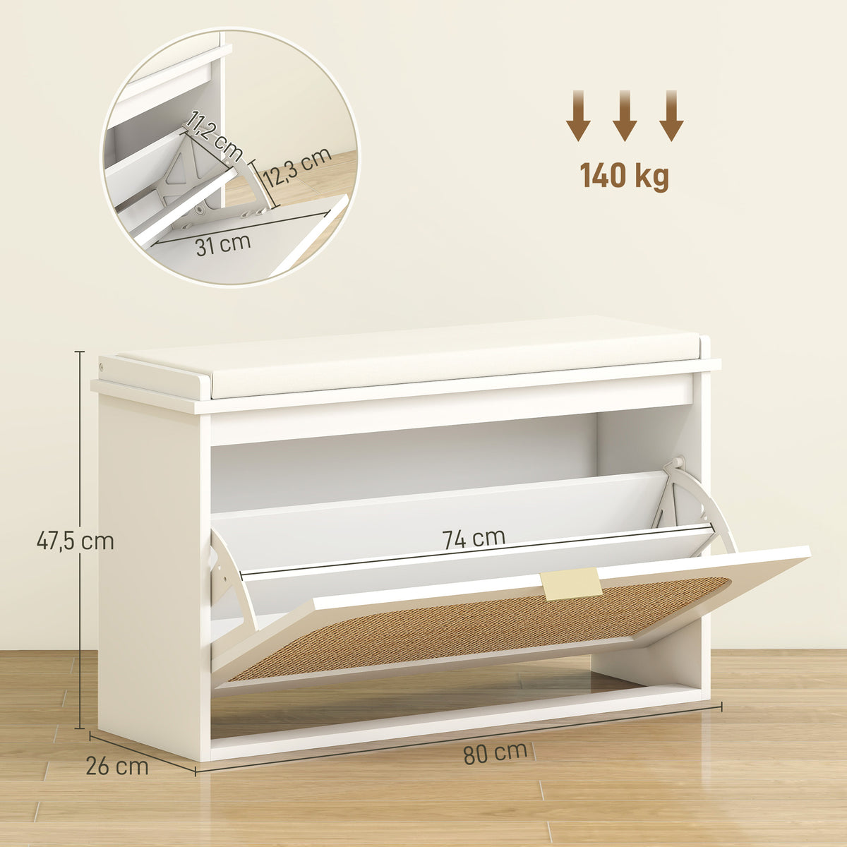 Banc à chaussures, banc de rangement, assise rembourrée, tiroir rabattable, porte en rotin, 80 x 26 x 47,5 cm, blanc-2