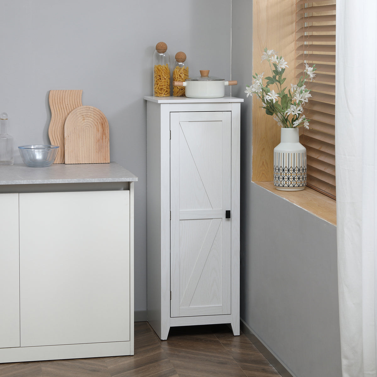 Armoire de Rangement sur Pieds buffet cuisine meuble de rangement  pour Salle de bain Gain de Place Style Classique avec 2 étagères réglables- Hauteur 120 cm en Bois Blanc-1