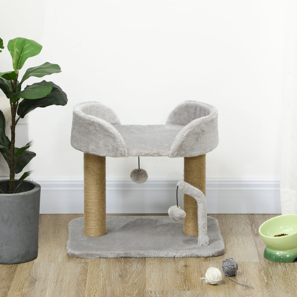 Arbre à chat grattoir design avec jeu 2 pompons suspendus 2 poteaux jute plateforme peluche jute 48 x 38 x 42 cm gris-7