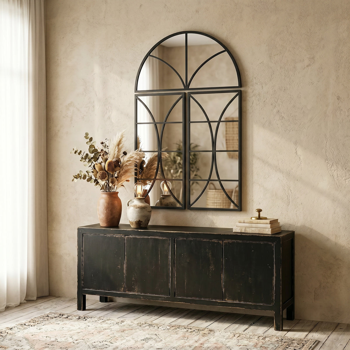 Miroir mural arqué 80 x 120 cm, lot de 3 pièces, miroir verrière en forme de fenêtre, verre trempé et métal, noir-1
