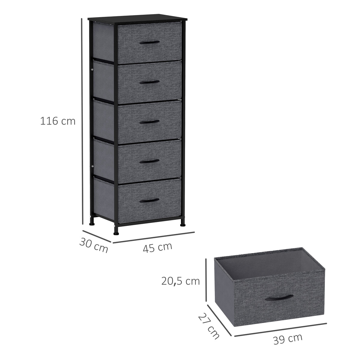 Commode 5 tiroirs meuble de rangement tiroir en tissu pliant - structure acier noir - 45 x 30 x 116 cm gris foncé-2