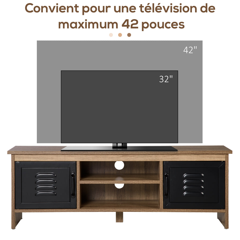 Meuble TV Banc TV 110 cm Design Industriel, avec 2 placards, 2 niches, 2 Passe-Fils, Aspect Bois veinage Portes métal Noir-5