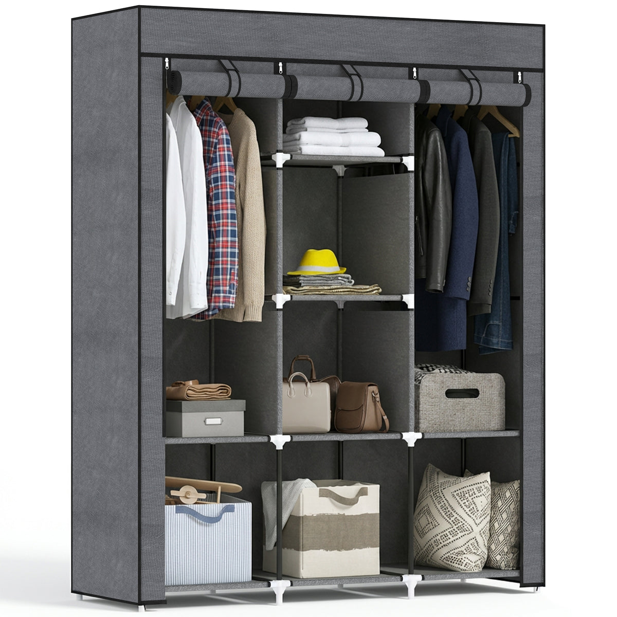 Armoire penderie multi-rangement - 8 étagères, 2 barres - non tissé gris-0