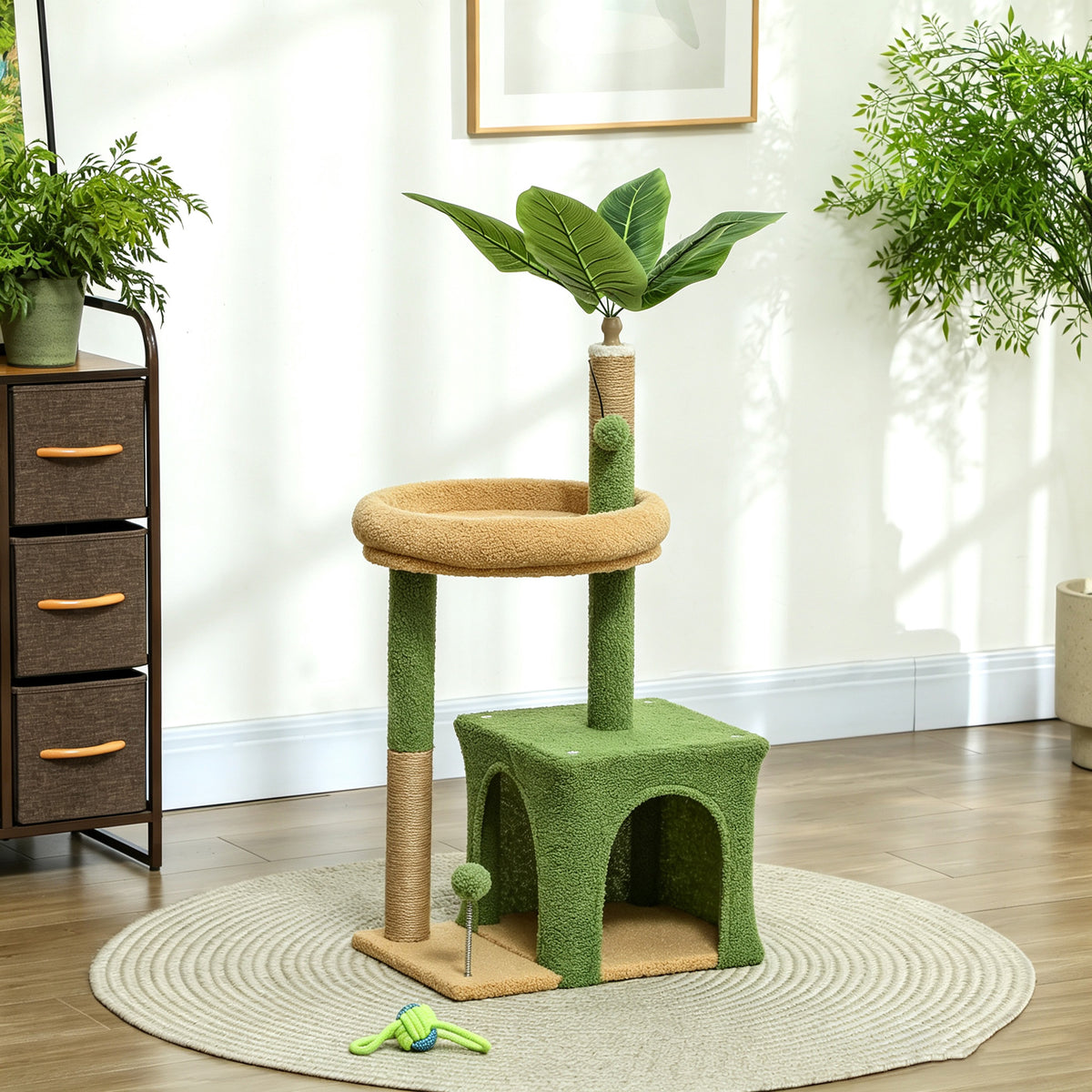 Arbre à chat tour de jeux pour chat avec niche lit griffoirs balles et feuilles artificielles 44 x 30 x 98 cm vert-1