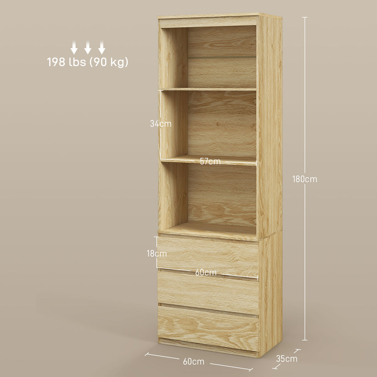 Bibliothèque haute de 180 cm avec 3 étagères et 3 tiroirs dim. 60L x 35l x 180H cm Panneaux Particules effet bois-2