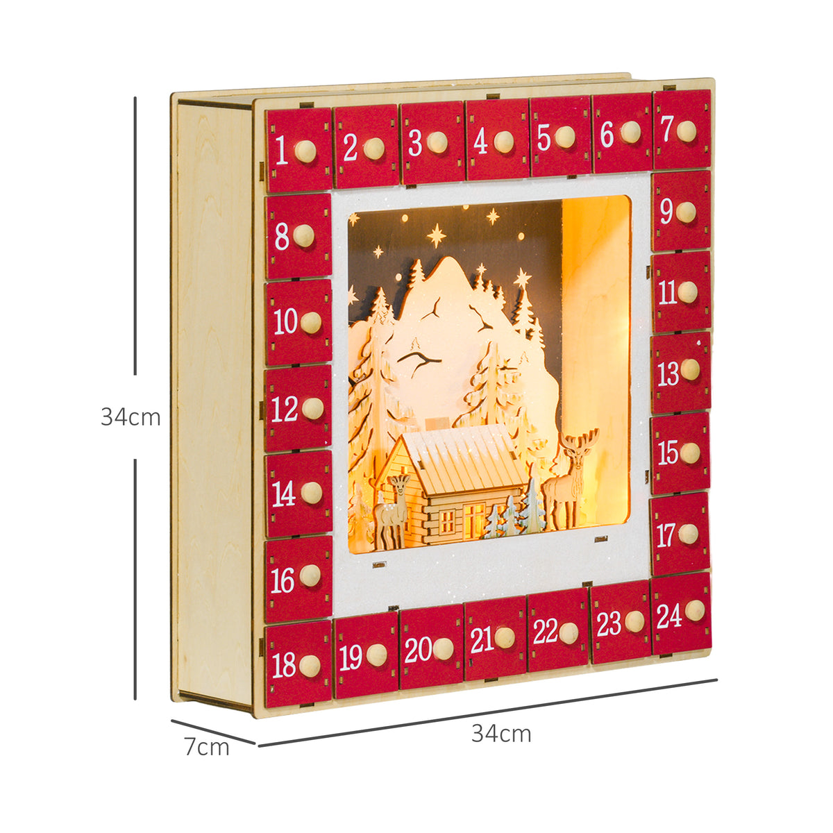 Calendrier de l'Avent LED, décorations de Noël en bois, 24 tiroirs à remplir, décoration lumineuse, rouge-2