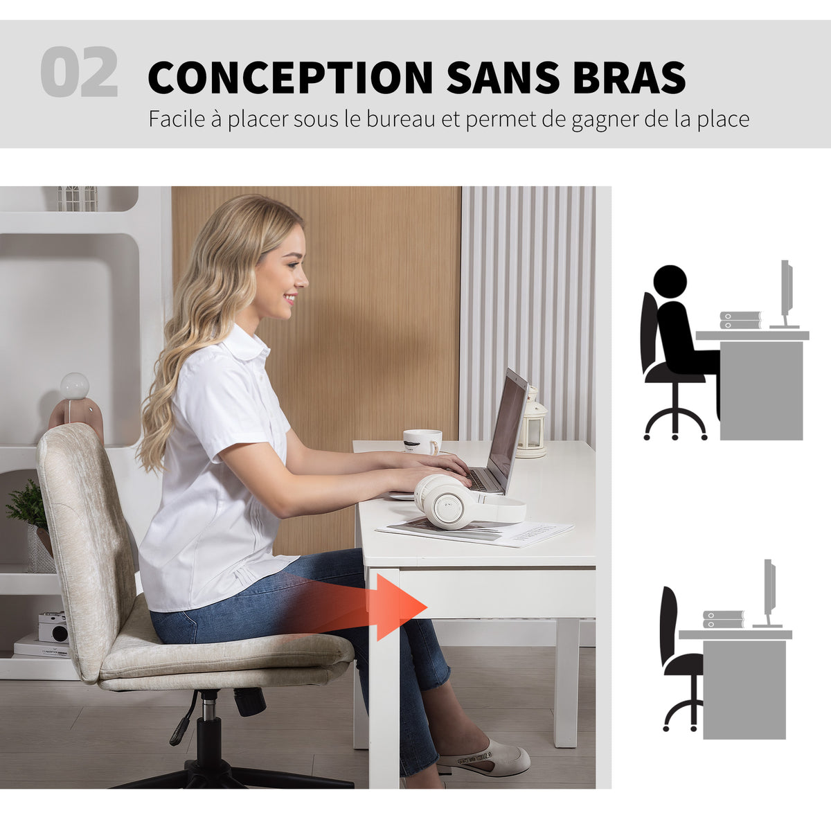 Chaise de bureau sans accoudoirs, fauteuil de bureau en chenille, hauteur réglable, 62 x 67 x 83-93 cm, beige-4