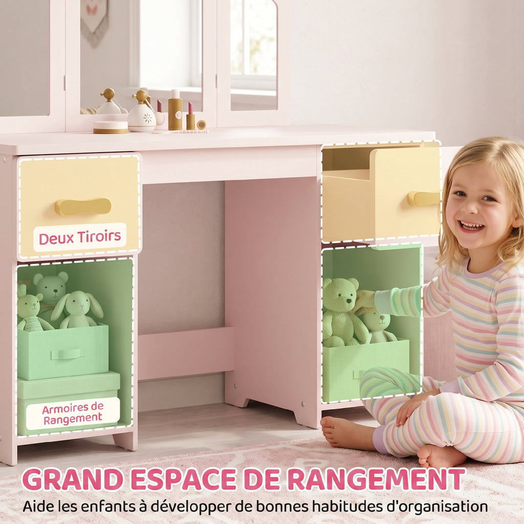 Coiffeuse pour Enfants avec Tabouret et Miroir à Trois Volets en Acrylique, 2 Tiroirs et 2 Placards, Rose-6