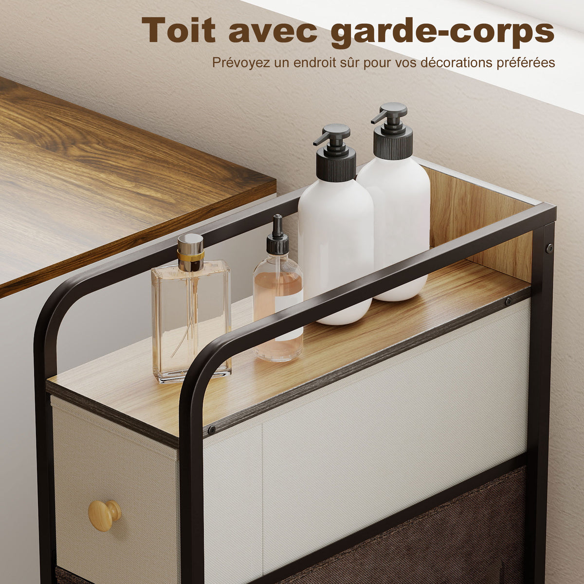 Commode avec 4 tiroirs en tissu pliables, commode chambre plateau et cadre en acier, 20 x 47 x 84,5 cm, multicolore-5