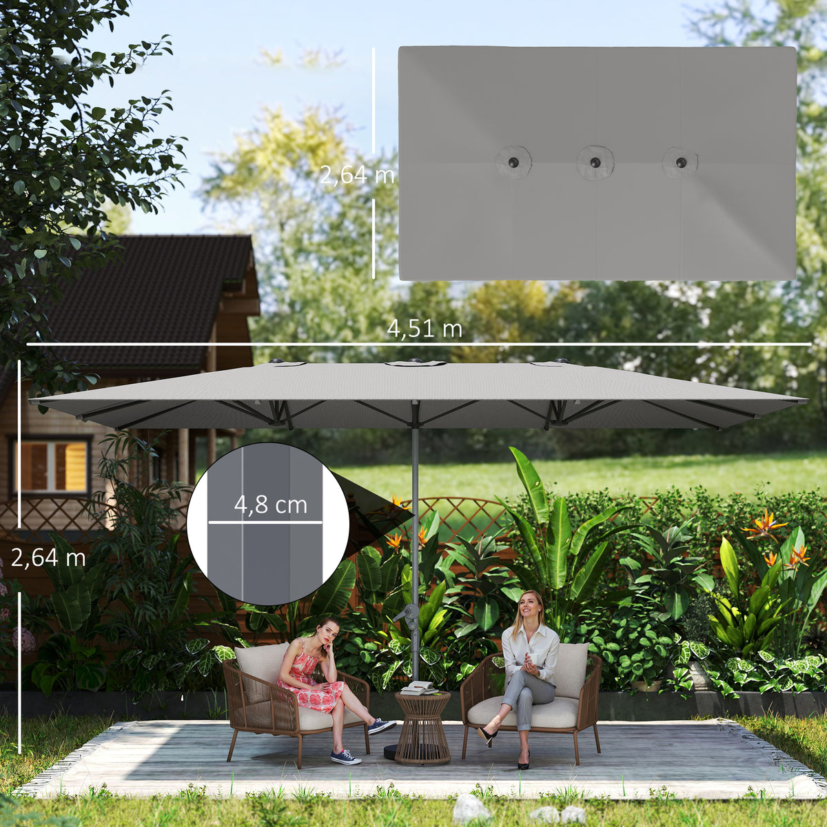 Parasol de jardin extérieur, parasol double rectangulaire 451 x 264 cm avec manivelle toile polyester 200g/m² gris foncé-2