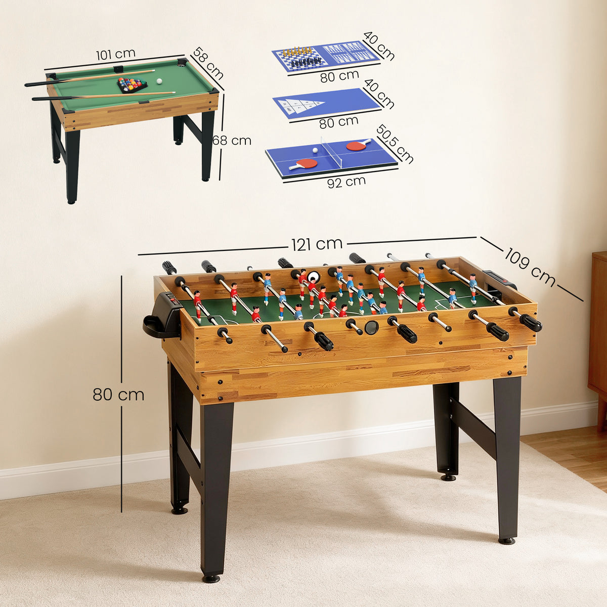 Table multijeux 13 en 1, table de jeu baby-foot, billard, ping-pong, 121x109x80cm, pour enfants et adultes, noyer clair-2