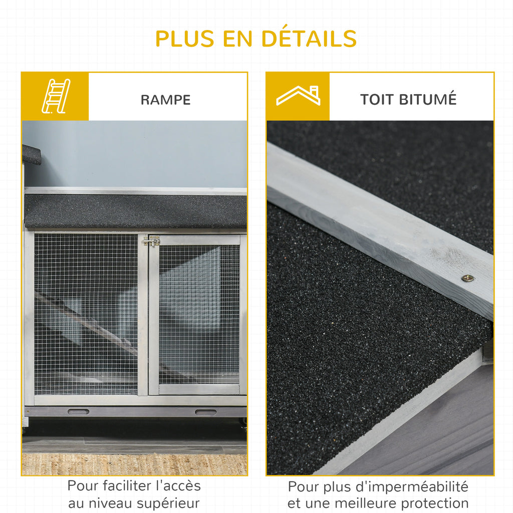 Clapier bois pour lapins petit enclos animaux villa pour lapin sur roulettes 2 étages gris-5
