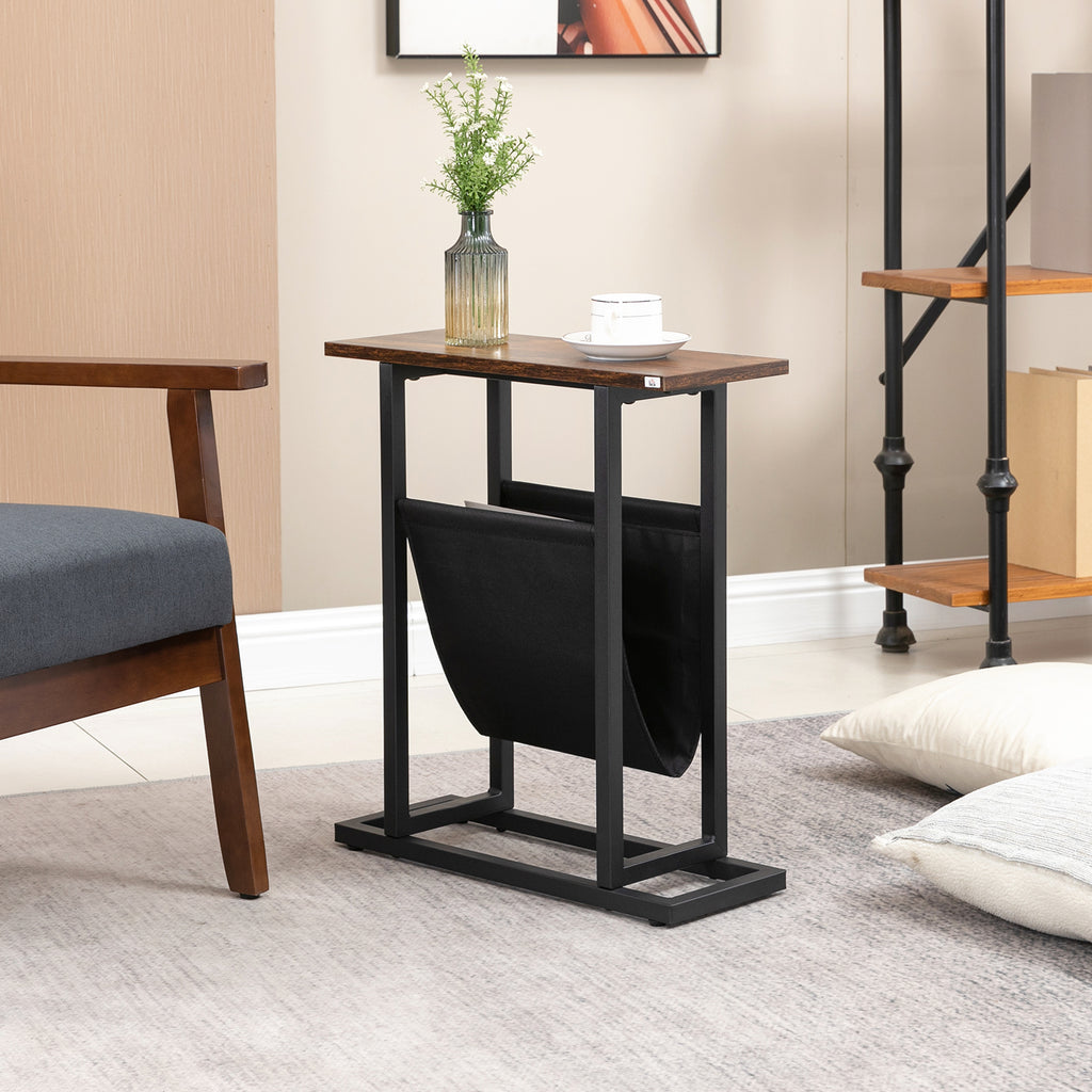 Table d'appoint bout de canapé avec porte-revues strucuture en acier design industriel 49 x 19 x 55 cm noir marron foncé-1