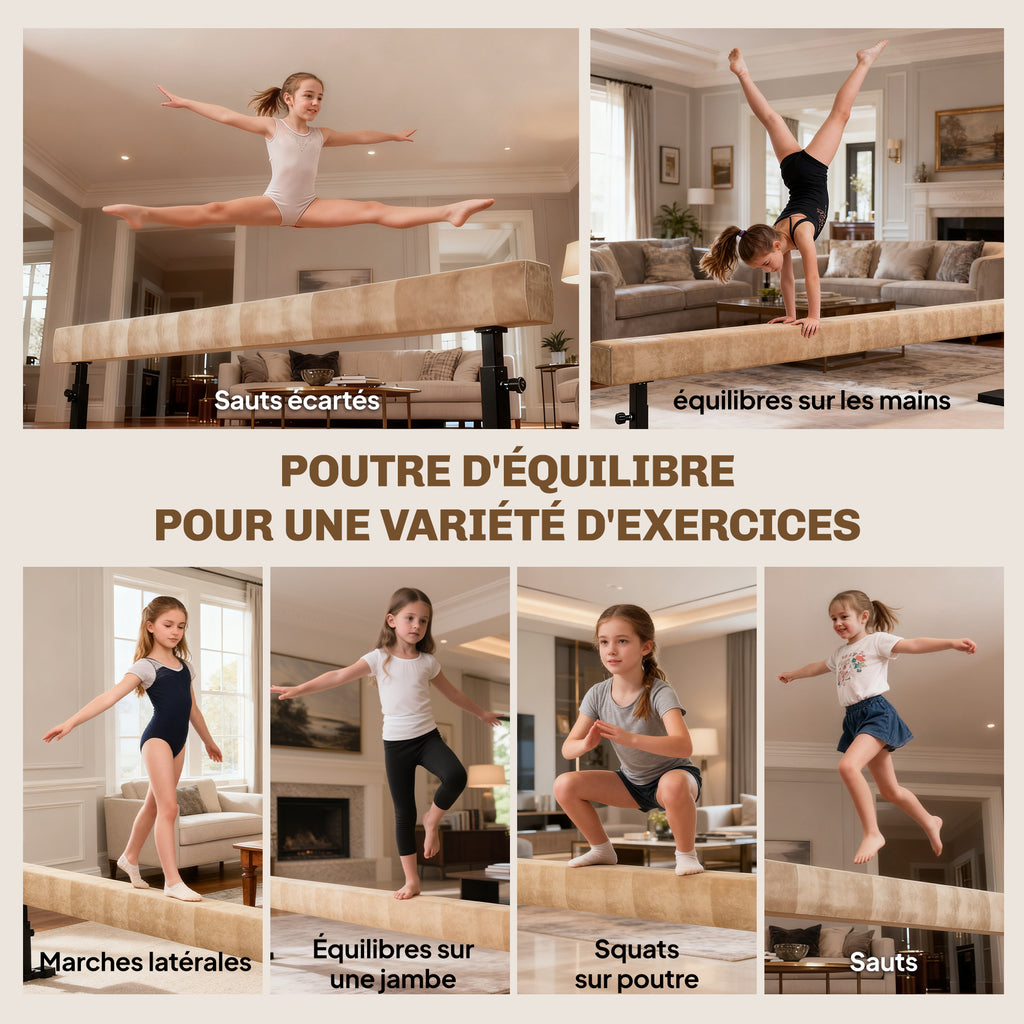 Poutre de Gymnastique 226 cm Antidérapant, Hauteurs Réglable, avec Roulettes, en Acier et Bois Massif, Marron-6