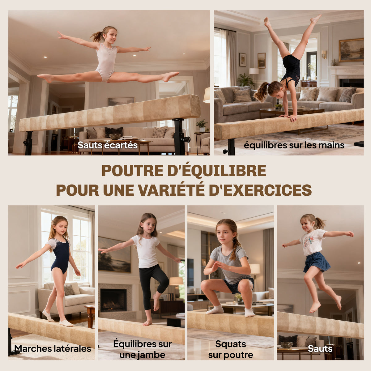 Poutre de Gymnastique 226 cm Antidérapant, Hauteurs Réglable, avec Roulettes, en Acier et Bois Massif, Marron-6