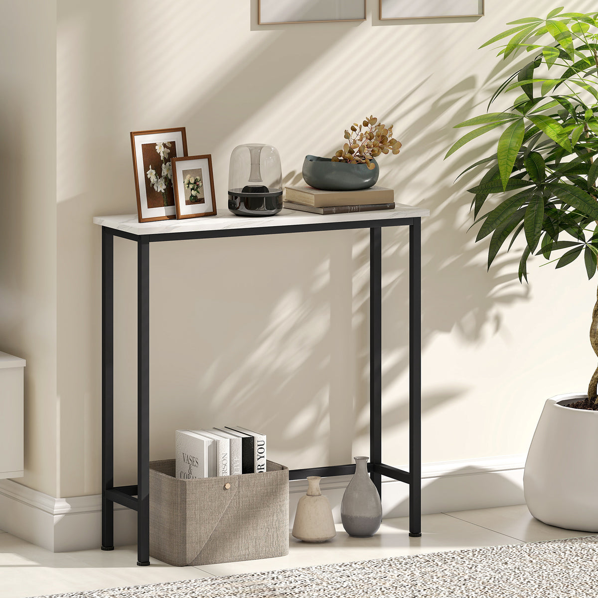 Console meuble 75 cm, table console plateaux en effet marbre, cadre en métal, style moderne blanc et noir-5