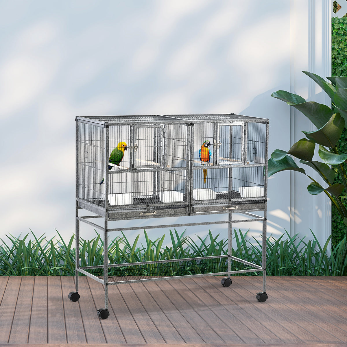 Cage à Oiseaux Volière Oiseaux Intérieur avec Séparation Mangeoire et Perchoir 95L x 45,5l x 102H cm Noir et Gris-1