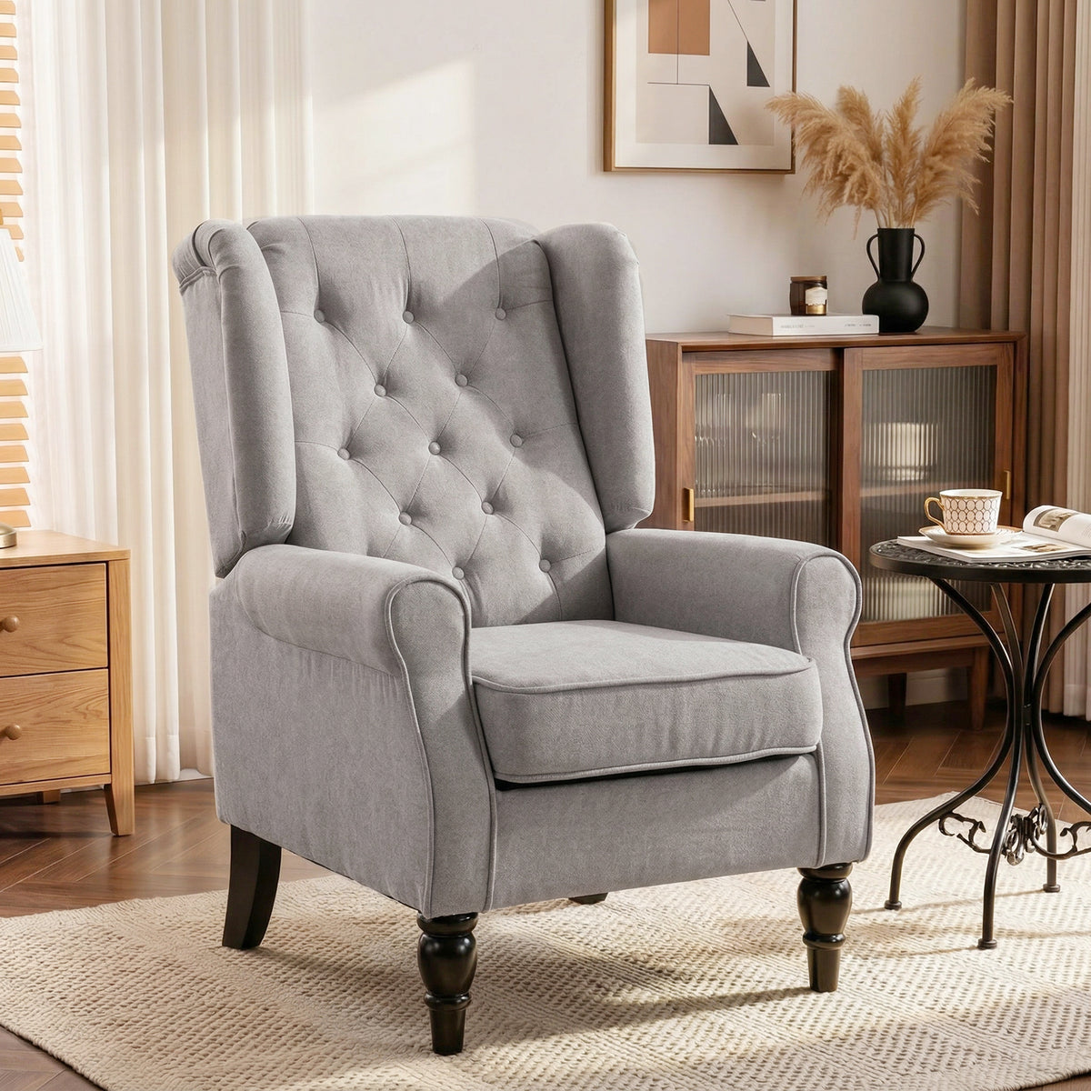 Fauteuil de salon capitonné avec assise large, pieds en bois, style classique, grand confort, 74 x 86 x 102 cm, gris-1