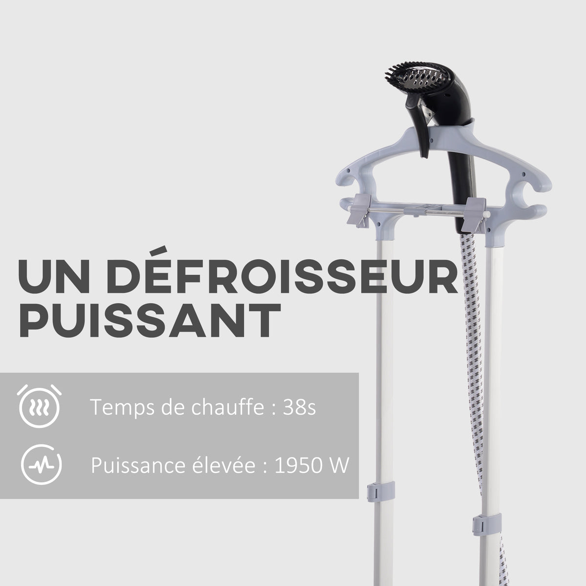 Défroisseur vapeur vertical 1950 W 32g/min, réservoir d'eau 2 L, tige télescopique, 11 températures réglables, noir-3