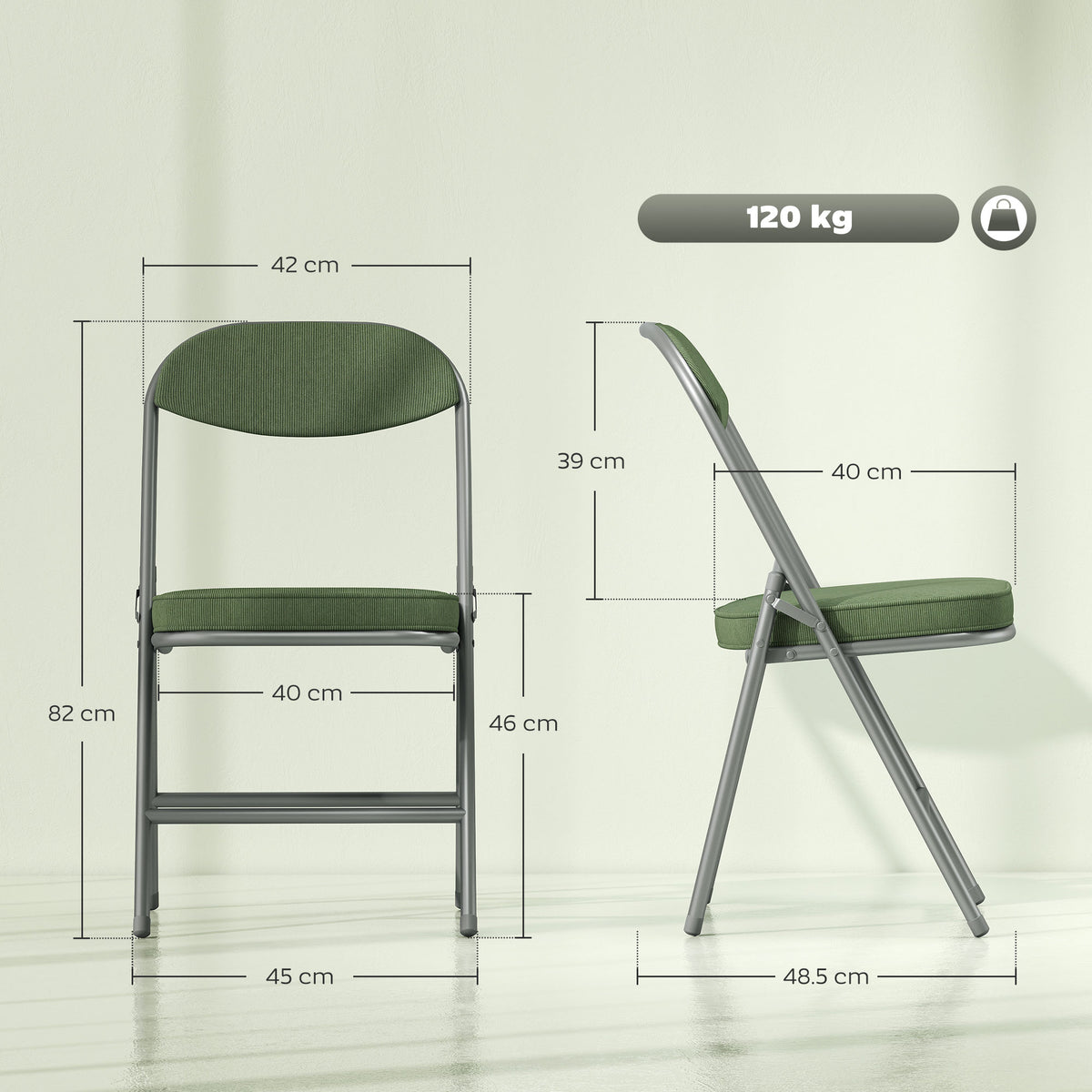 Lot de 4 chaises pliantes chaises de salle à manger portables avec assises et dossiers rembourrés en velours côtelé vert-2