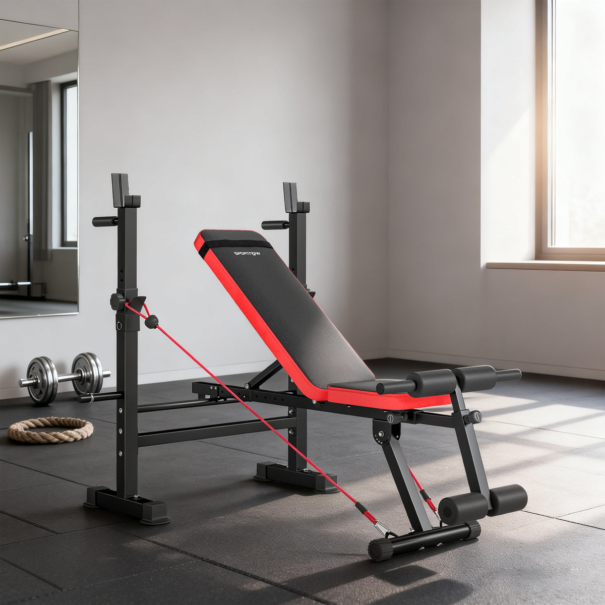 Banc de musculation complet multifonction avec dossier réglable, repose-jambes et support de poids 147x109x122cm noir-1