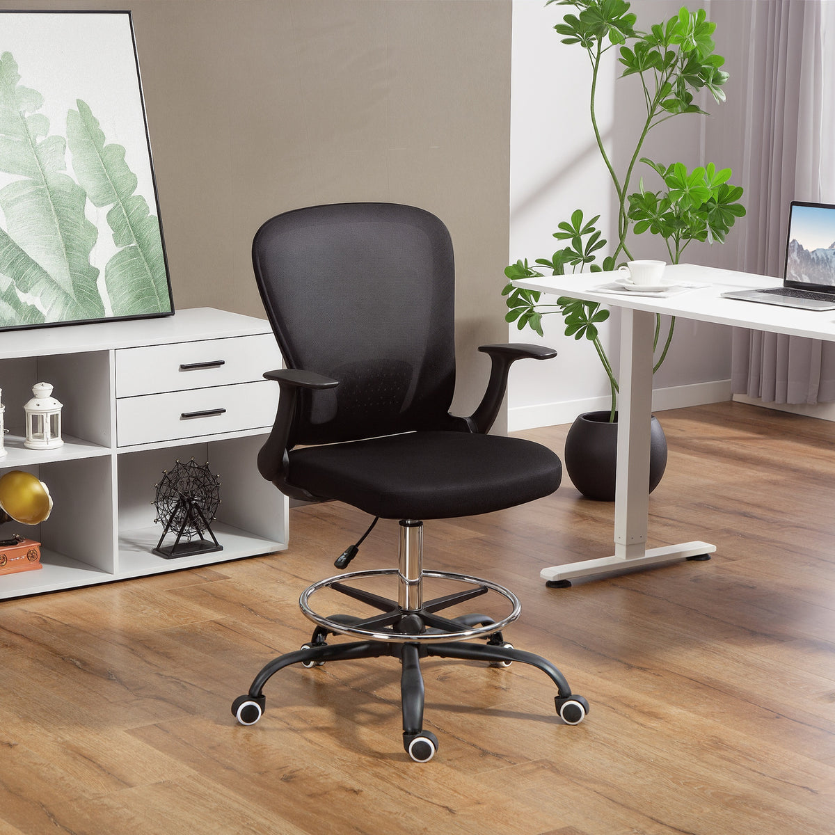 Chaise bureau ergonomique avec repose-pieds ajustable et accoudoirs relevables, hauteur réglable, 59x62x99-119cm, noir-9