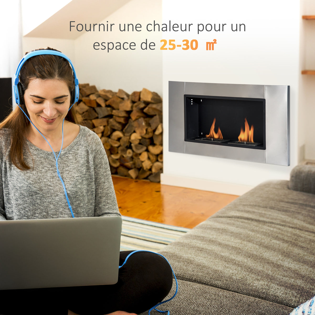 Cheminée bioéthanol Murale encastrable brûleur 2*0,9 L, environ 3 h de durée de combustion 110L x 14,5l x 54H cm Couverture 25-30 m² Acier inox-3