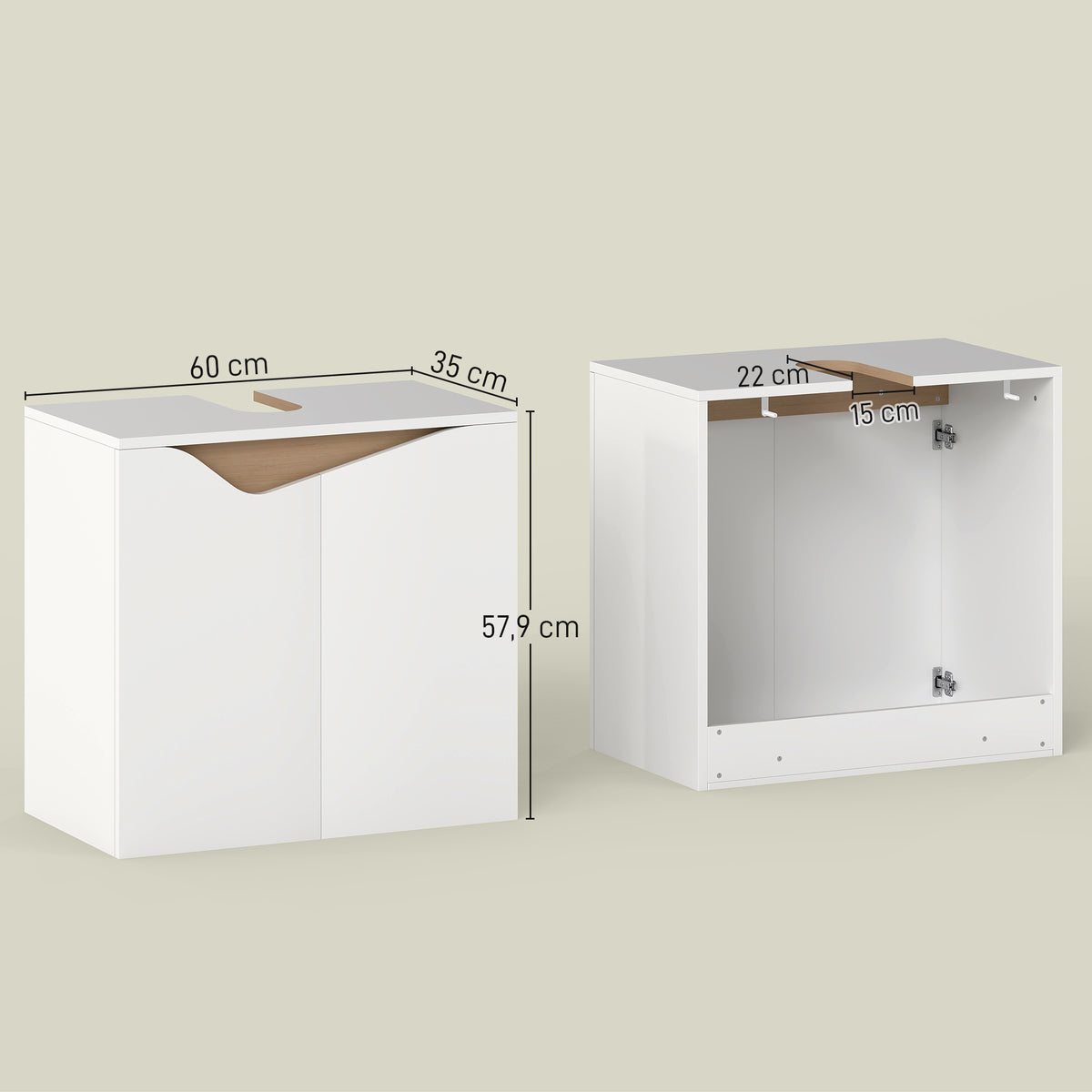 Meuble sous lavabo, meuble de salle de bain avec 2 portes à fermeture douce, 60 x 35 x 57,9 cm, blanc et bois naturel-2
