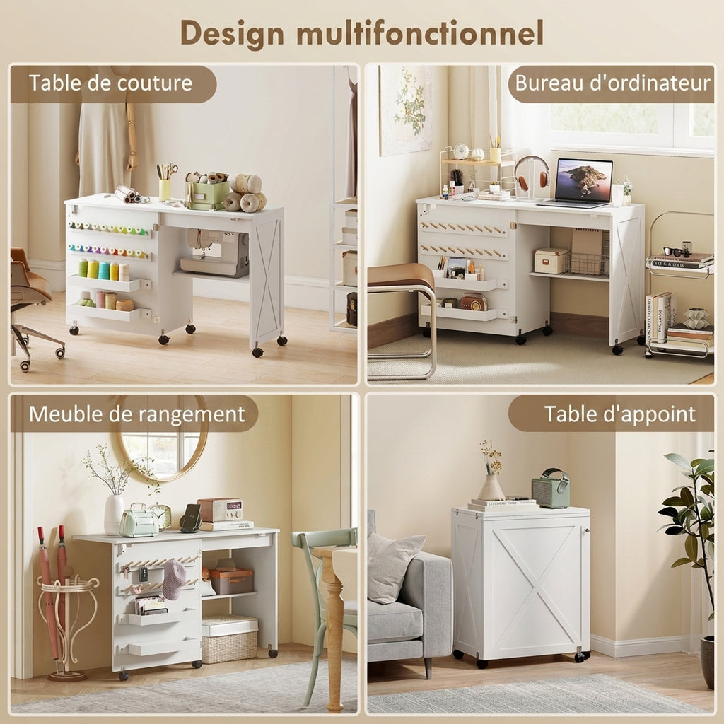 Table de Couture Pliante, Meuble Couture Roulant, Porte Magnétique de Grange, 2 Bacs, Étagère, 18 Chevilles, Blanc-5