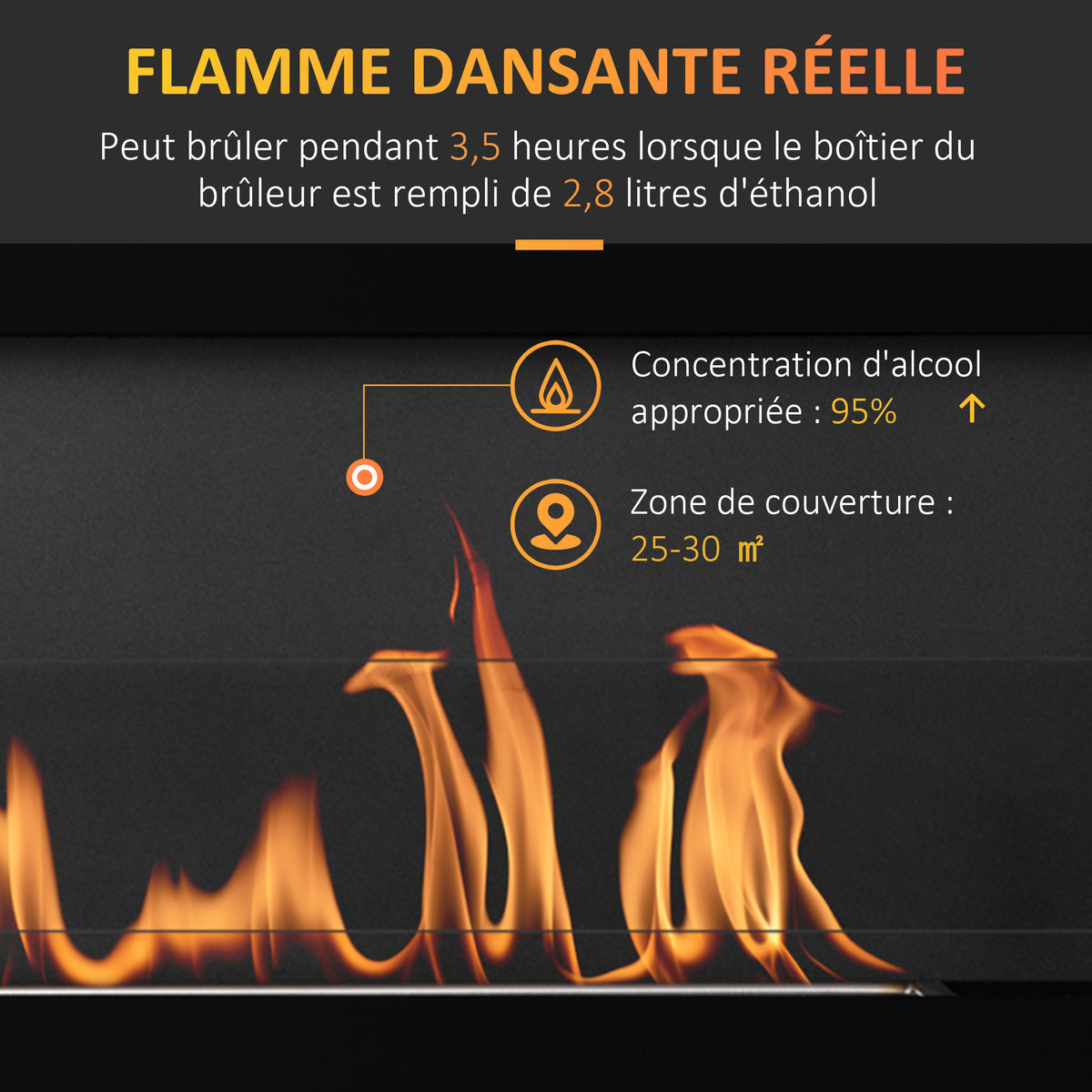 Cheminée bioéthanol Murale encastrable brûleur 2,8 L, environ 3,5 h de durée de combustion dim. 102L x 16l x 43H cm Couverture 25-30 m² Métal-3