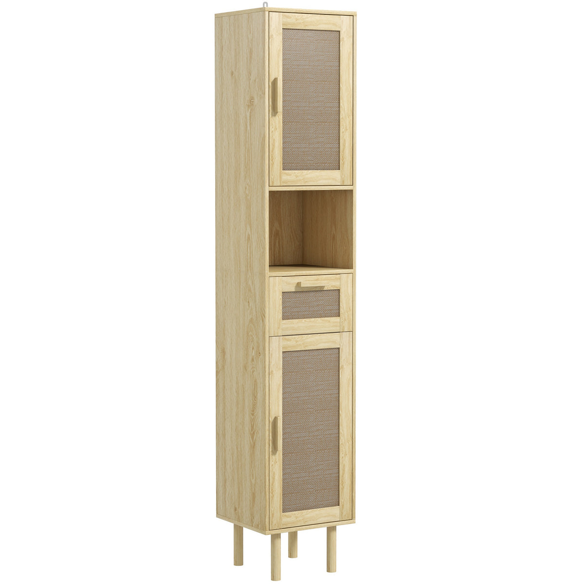 Meuble salle de bain colonne rangement salle de bain avec portes en rotin tiroir 2 placards 32 x 30 x 170 cm chêne-0