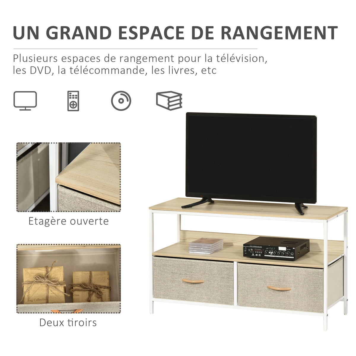 Meuble TV Bas sur Pieds Style Industriel 2 tiroirs en Tissu Gris Bois Naturel et métal Blanc-4