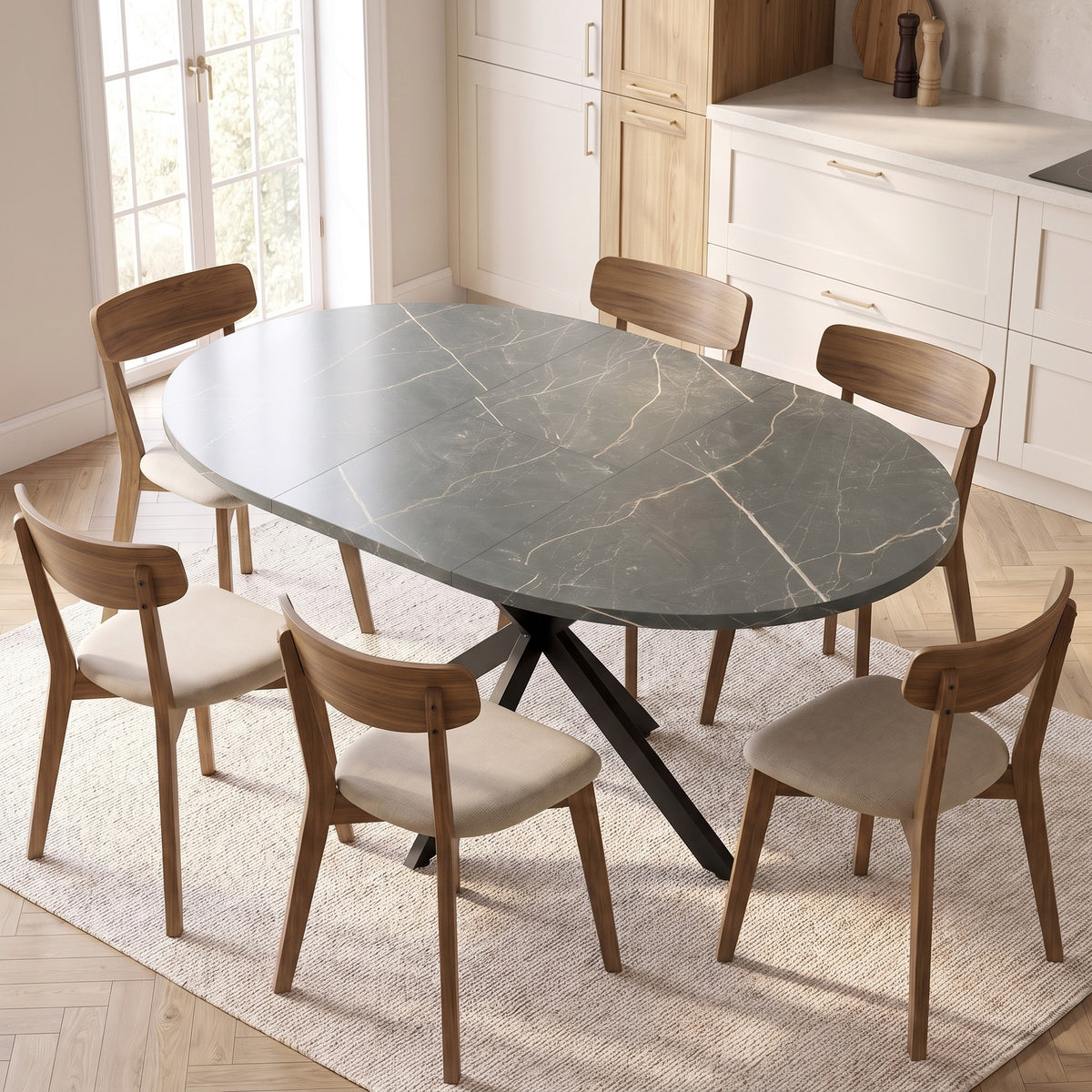 Table à manger extensible ovale pour 4 à 6 personnes, table de cuisine avec rallonge 100-135 cm, effet marbre noir-1