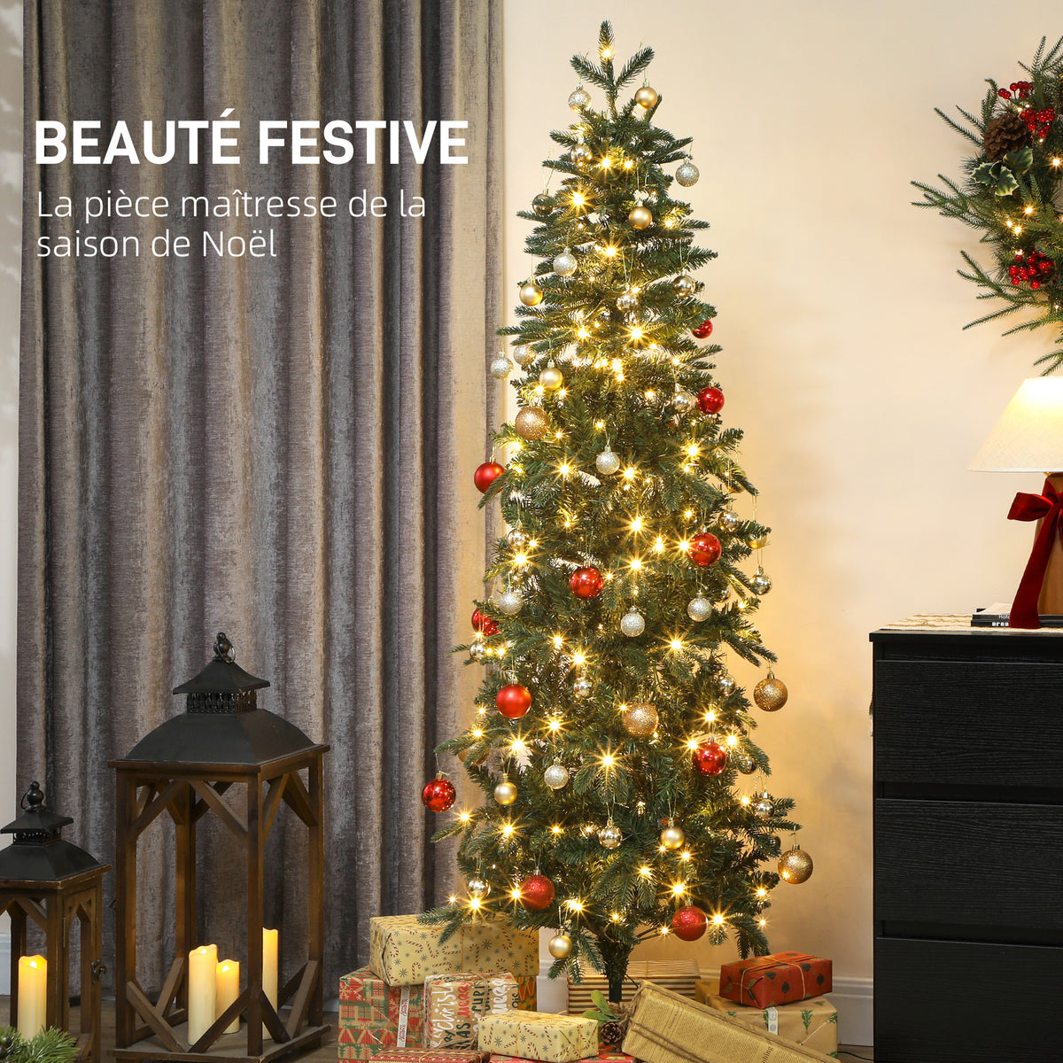 Sapin de Noël artificiel 180 cm, arbre de Noël slim avec 200 lumières 8 modes d'éclairage 605 branches articulées, vert-3