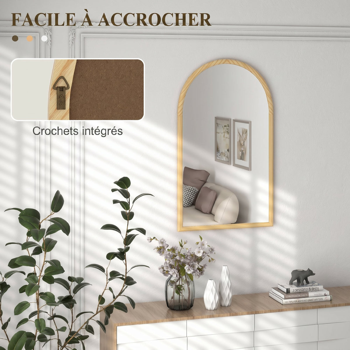 Miroir mural arche, 110 x 65 cm Cadre en bois, Miroir arqué pour le salon, la chambre, l'entrée, bois naturel-3