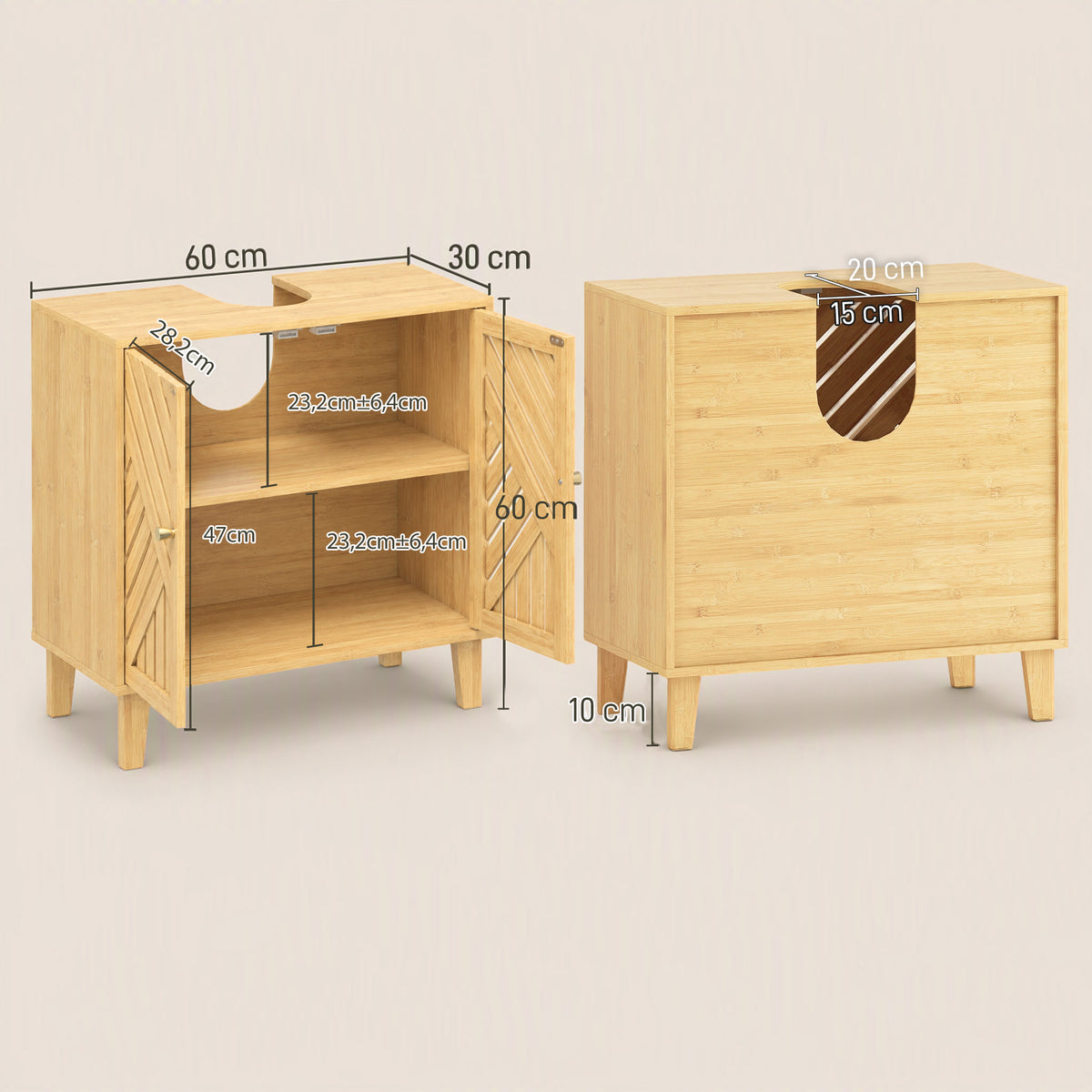Meuble sous lavabo, meuble de salle de bain en bambou avec étagère réglable et portes à lattes 60 x 30 x 60 cm, naturel-2