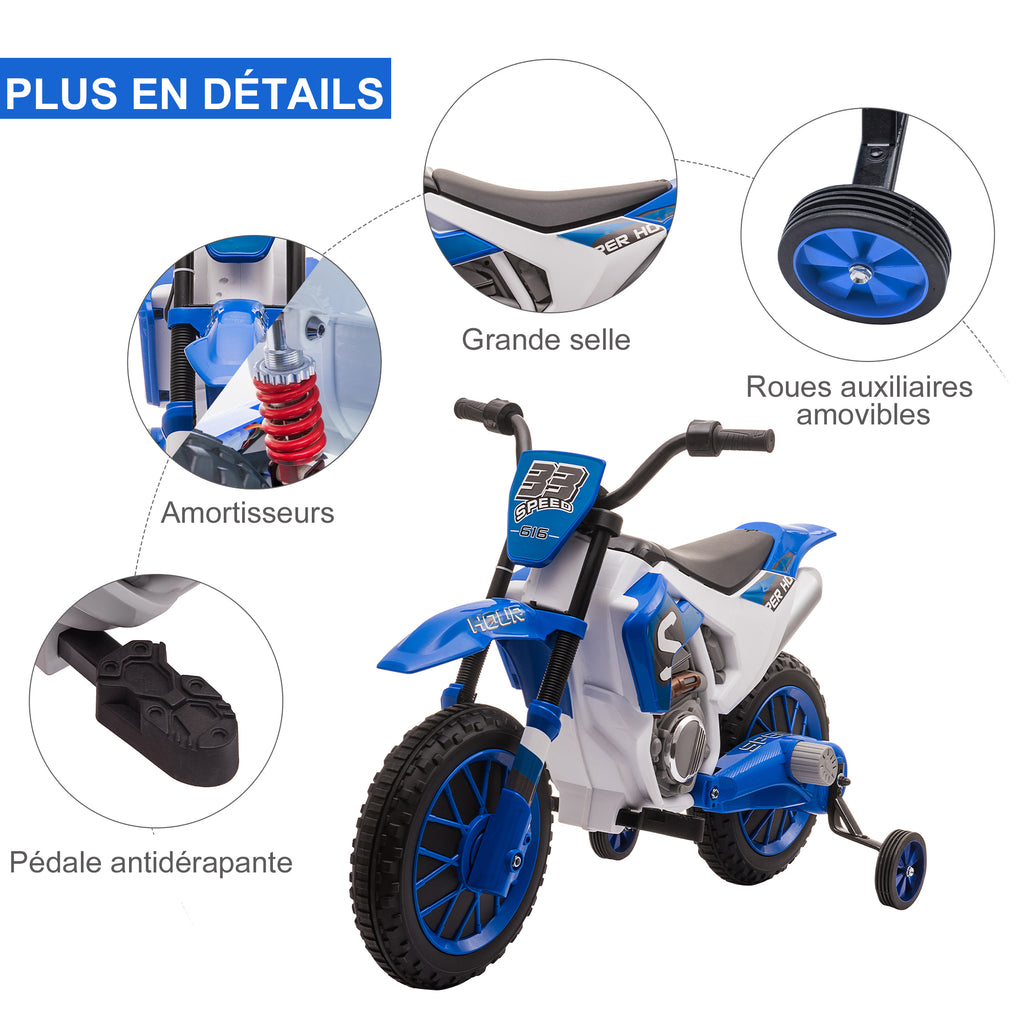 Moto Cross électrique Enfant 3 à 6 Ans 12 V 3-8 Km/h avec roulettes latérales Amovibles dim. 106,5L x 51,5l x 68H cm Bleu-6