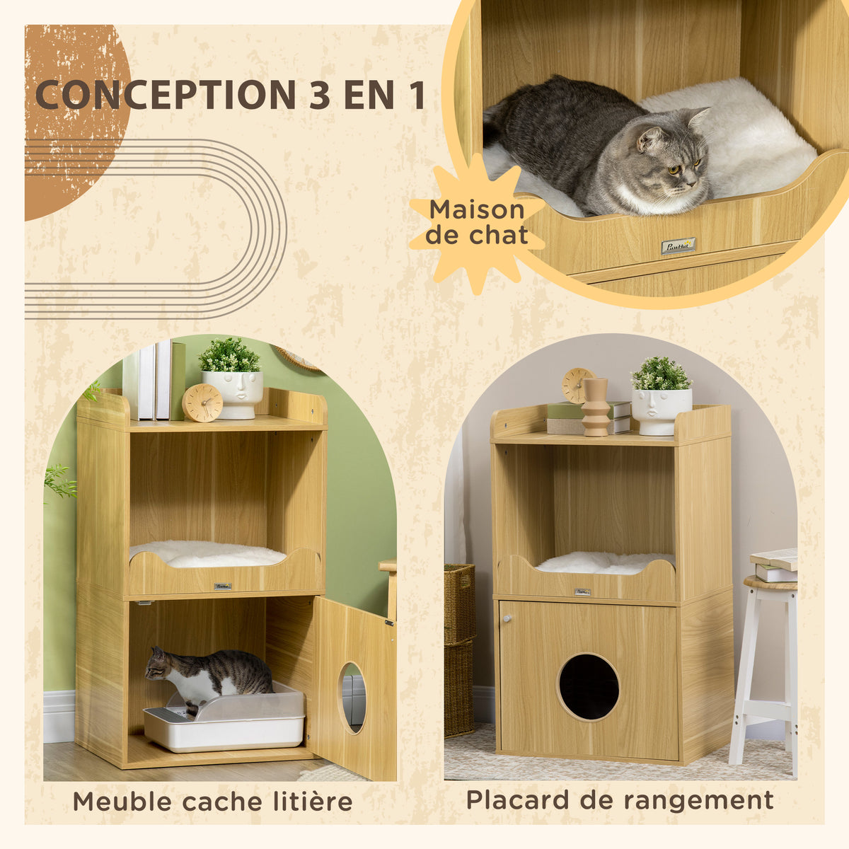 Maison de toilette pour chat meuble litière chat 3 niveaux compartiment fermé par une porte 1 coussin 60 x 45 x 103 cm-3