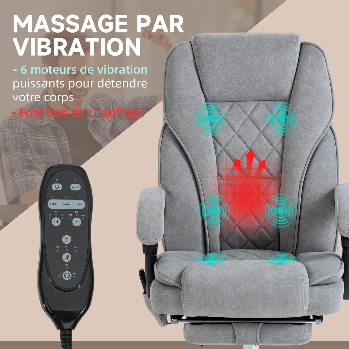 Fauteuil de bureau massant et chauffant hauteur réglable dossier inclinable télécommande repose-pieds rétractable gris-3