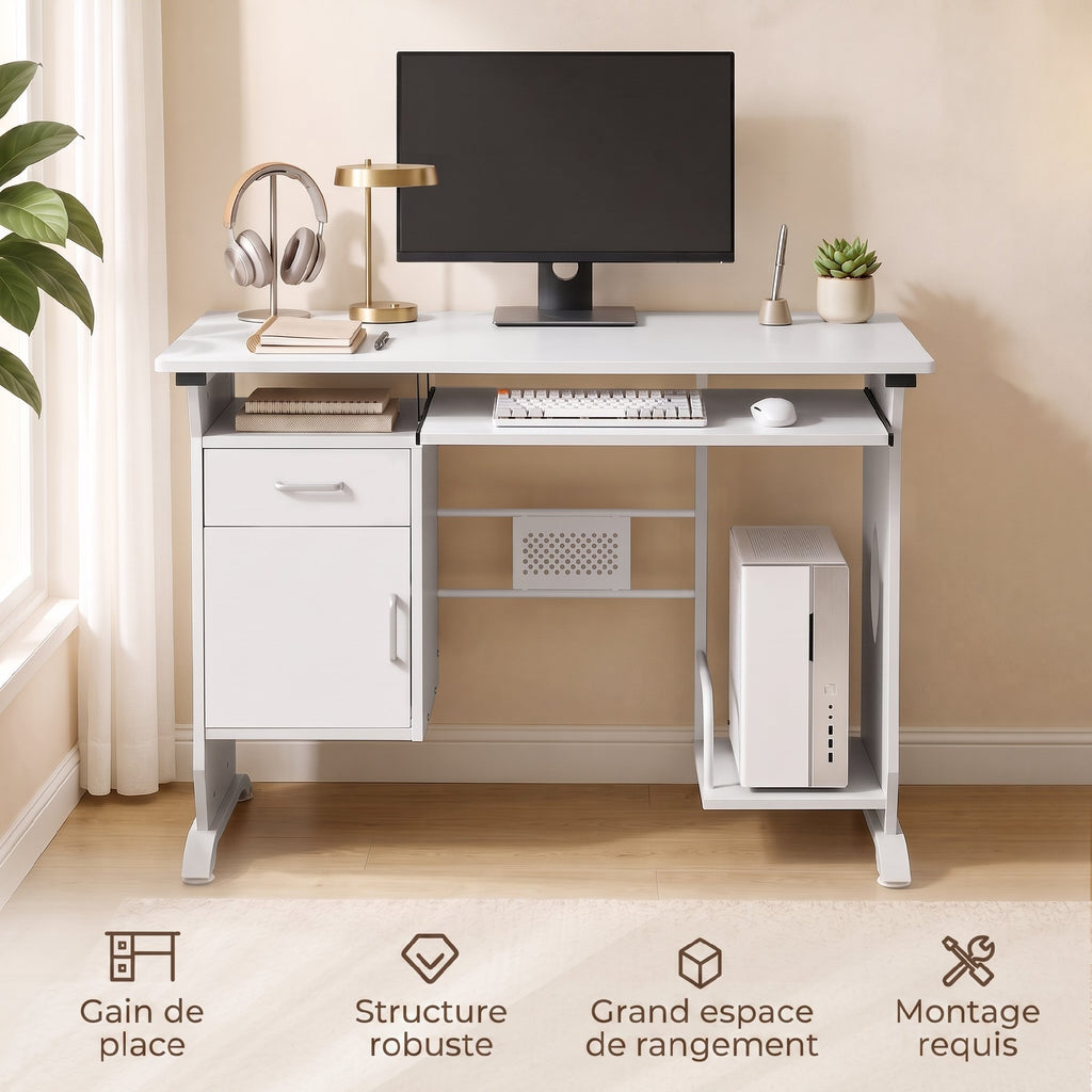 Bureau d'ordinateur, 100 x 52 x 75 cm, tablette coulissante pour clavier, tiroirs et support d'unité centrale, blanc-5