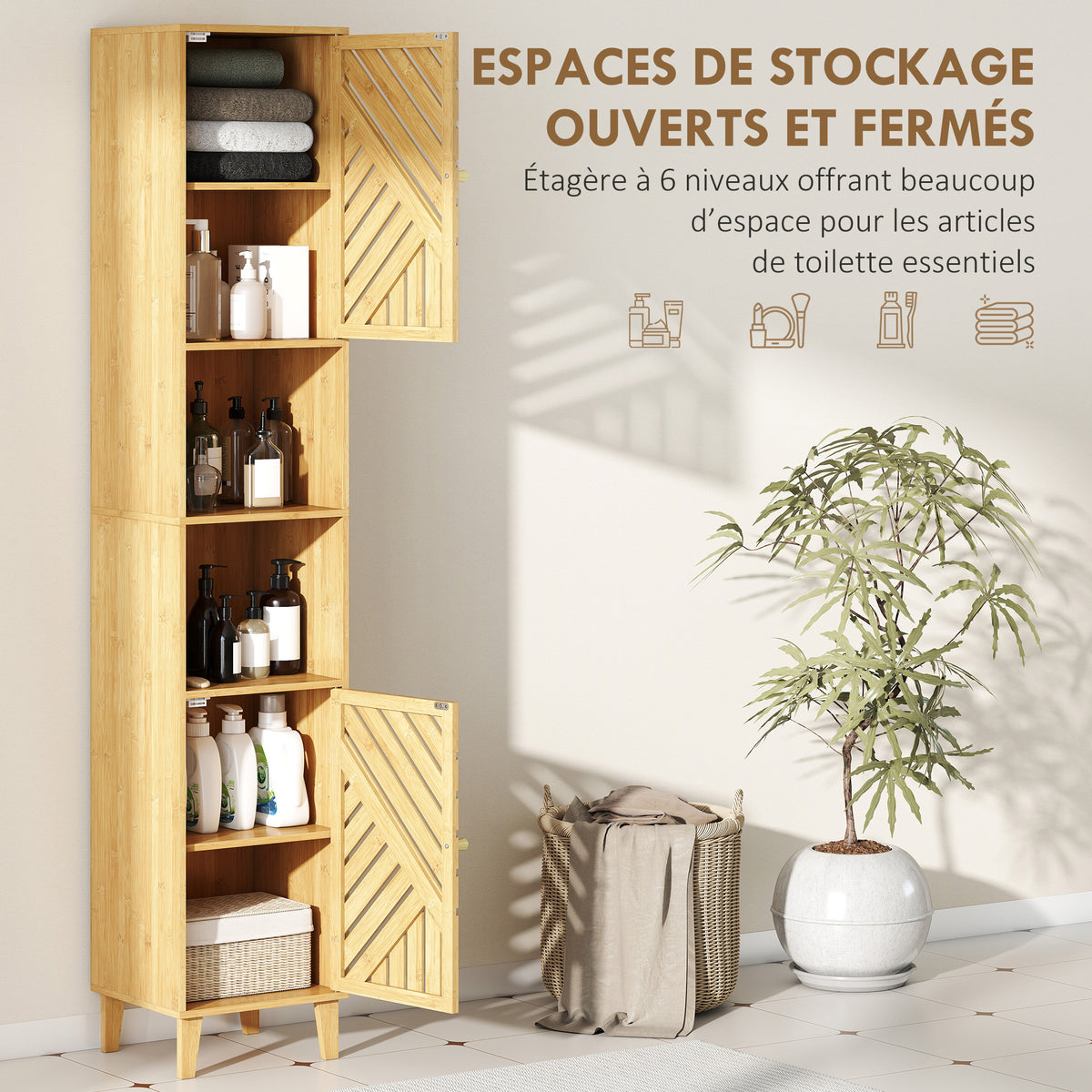 Armoire salle de bain, meuble de rangement colonne, portes en bambou, étagères réglables, 32x30x170cm, bois naturel-3