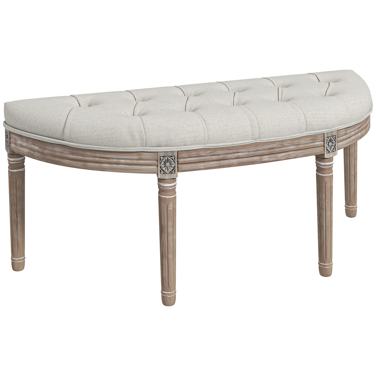 Banc bout de lit en forme demi-lune style Louis XVI structure en bois massif sculpté siège en tissu aspect lin crème-0
