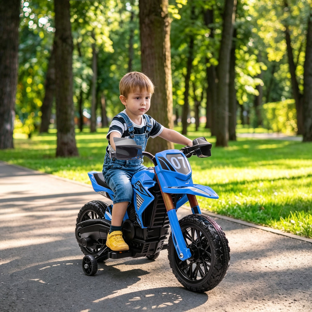 Moto cross électrique pour enfants 3-8 ans, batterie 6 V, 2 moteurs, klaxon et roues d'entraînement, charge 30KG, bleu-1