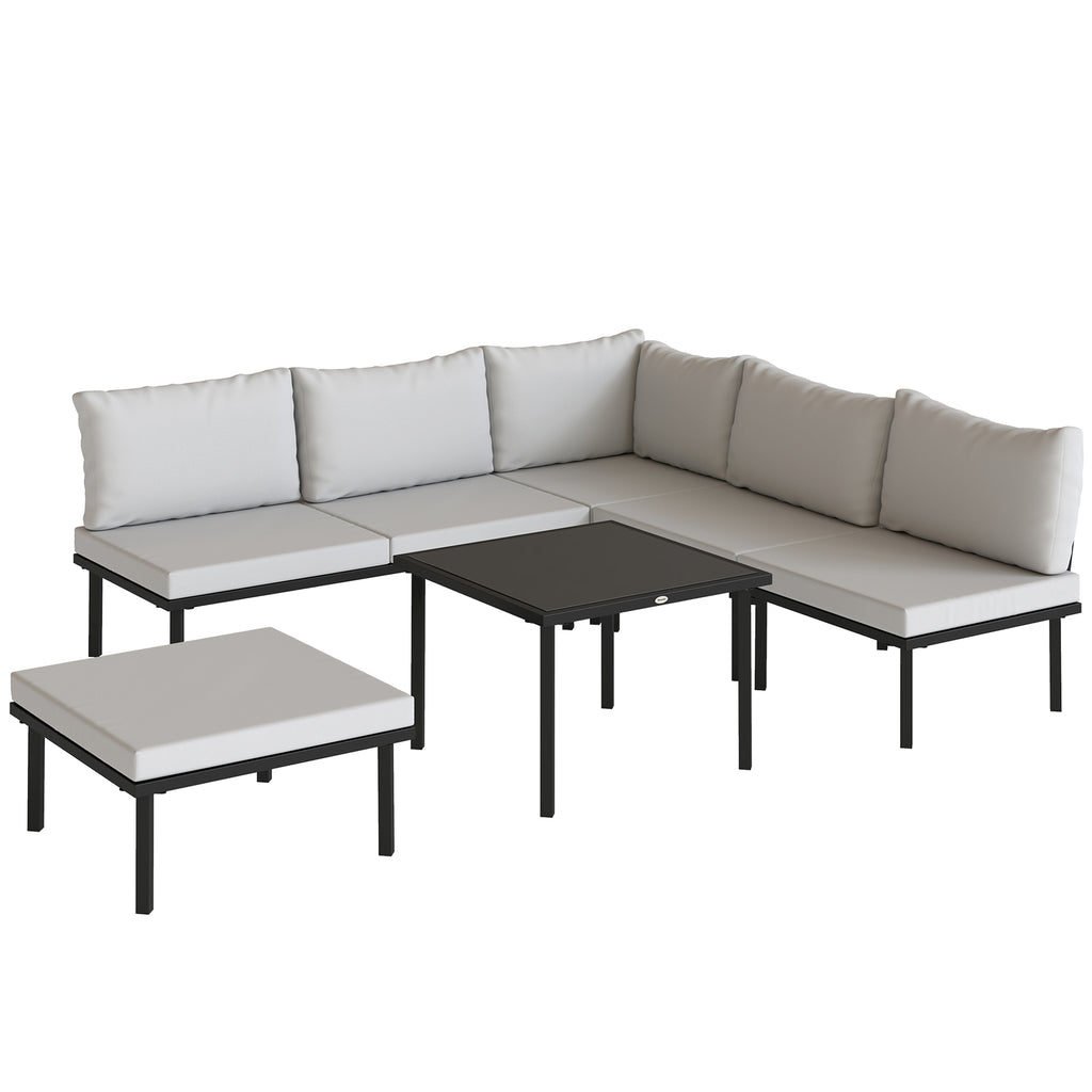 Salon de jardin extérieur d'angle modulable 6 personnes, table basse avec plateau en verre trempé, gris clair-0