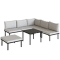 Salon de jardin extérieur d'angle modulable 6 personnes, table basse avec plateau en verre trempé, gris clair-0